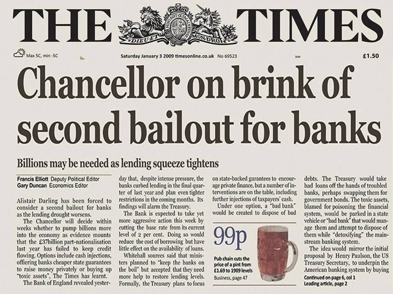 The Times front page from January 3, 2009 — the headline Satoshi embedded in Bitcoin's genesis block