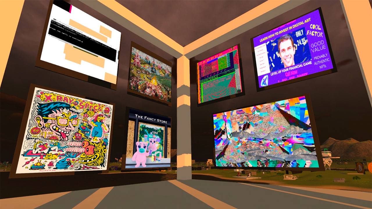 A futuristic digital art gallery showcasing NFT artworks with neon frames and holographic displays