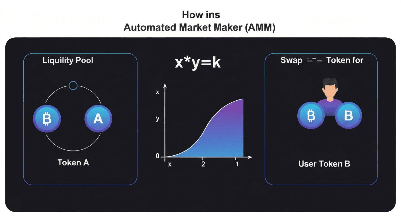How an Automated Market Maker (AMM) works — liquidity pools replace traditional order books