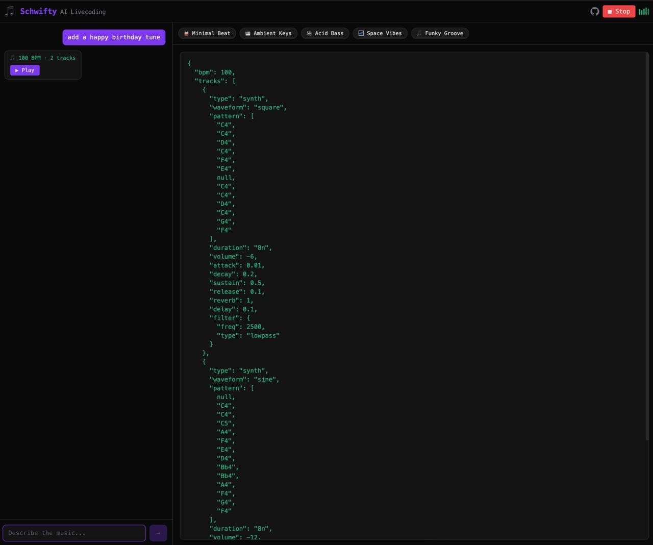 Schwifty generating a happy birthday tune โ chat on the left, live JSON music code on the right