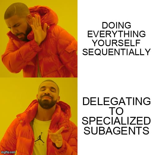Drake meme - rejecting doing everything yourself sequentially, approving delegating to specialized subagents